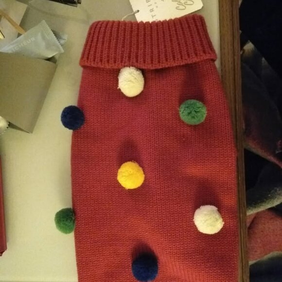 New Hudson Hudson's Bay Stripes Red Festive Pom Pom Dog Sweater Coat Sz M - Picture 2 of 7